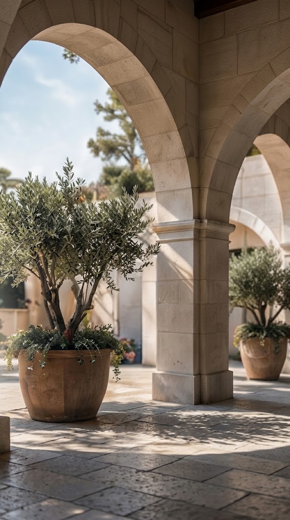 Mediterranean courtyard with stone arches and olive trees